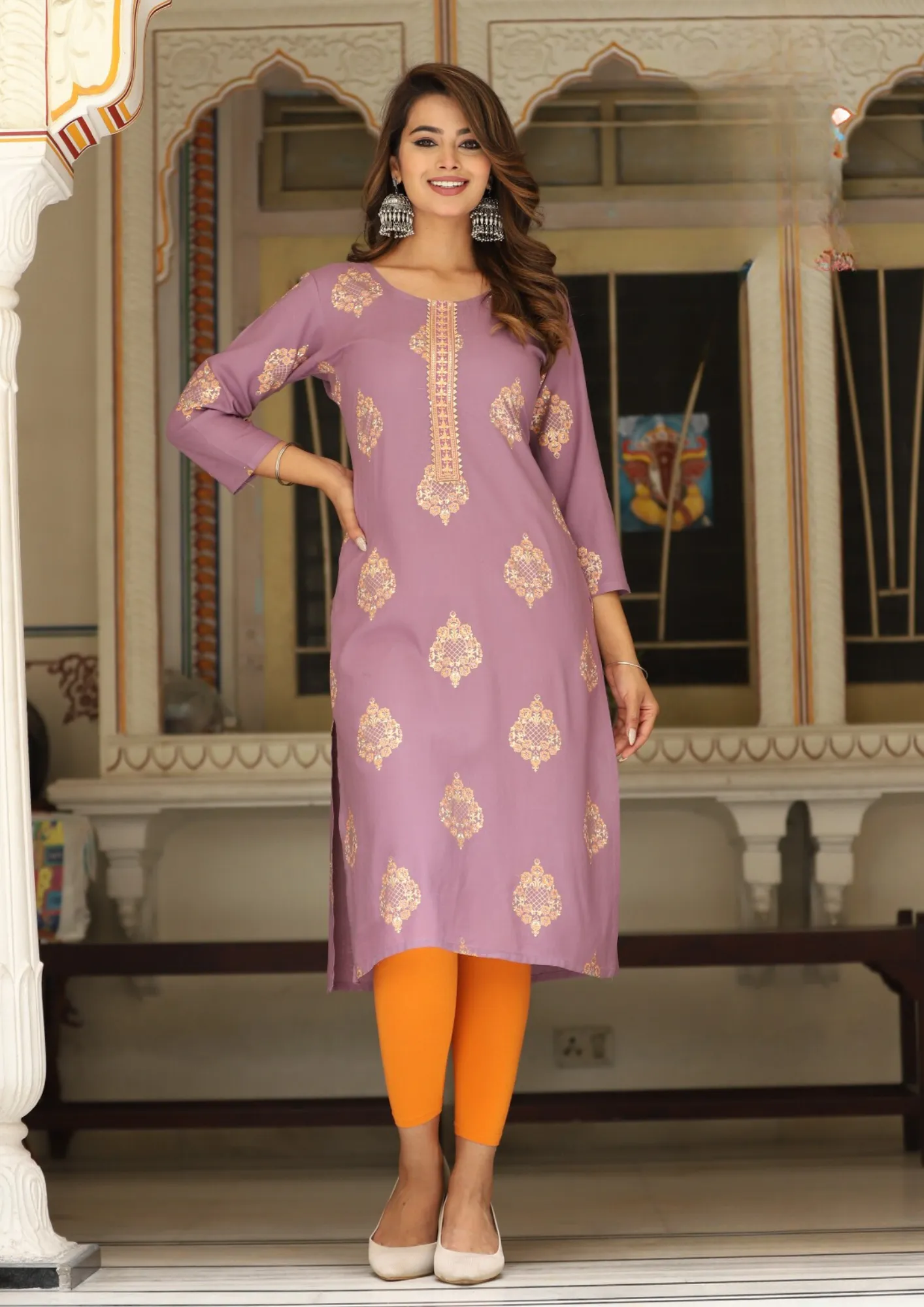 Stunning Purple Color Leaf Design Rayon Gold print Kurti For Women