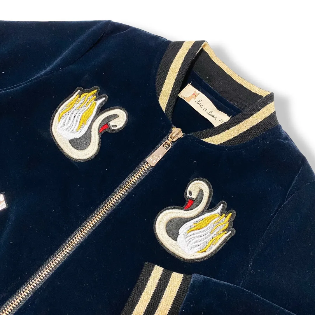 Swan Embroidery Patch Velvet Bomber Jacket