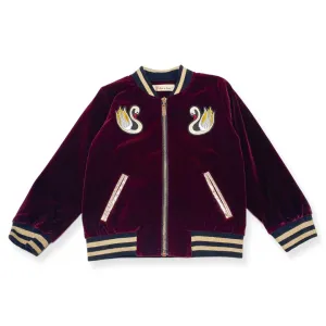 Swan Embroidery Patch Velvet Bomber Jacket