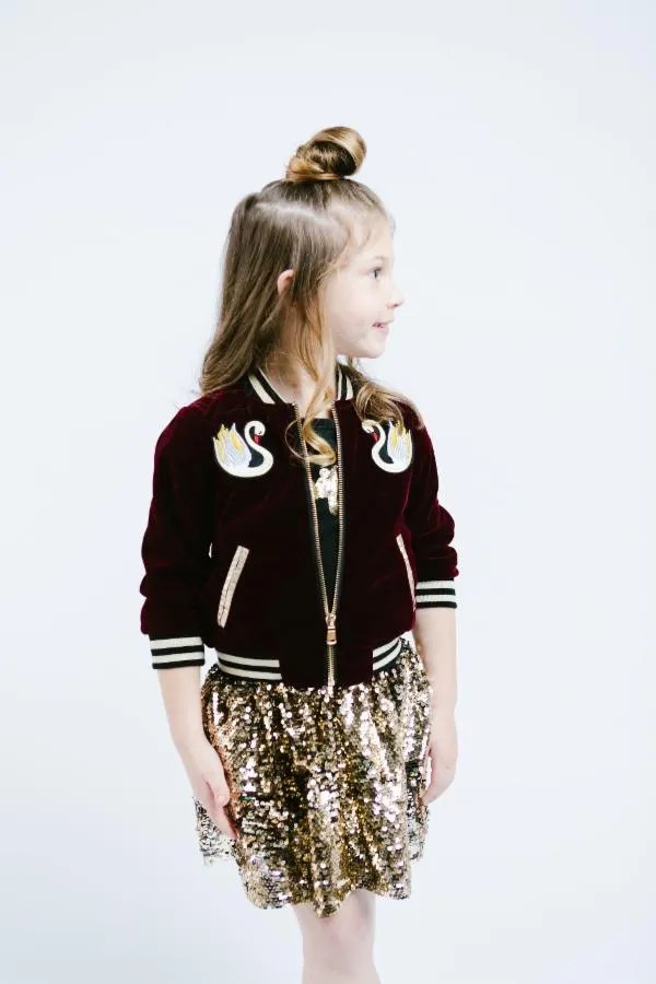 Swan Embroidery Patch Velvet Bomber Jacket