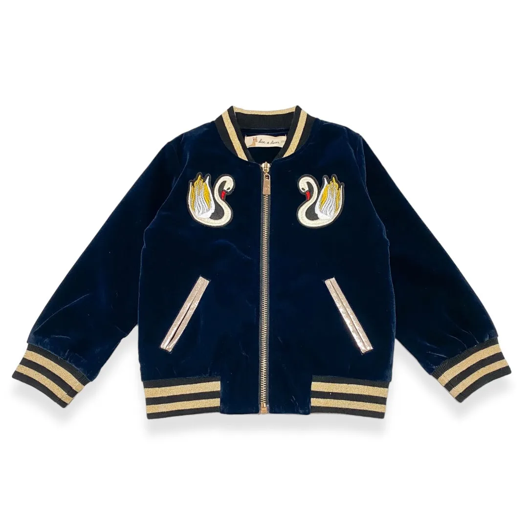 Swan Embroidery Patch Velvet Bomber Jacket