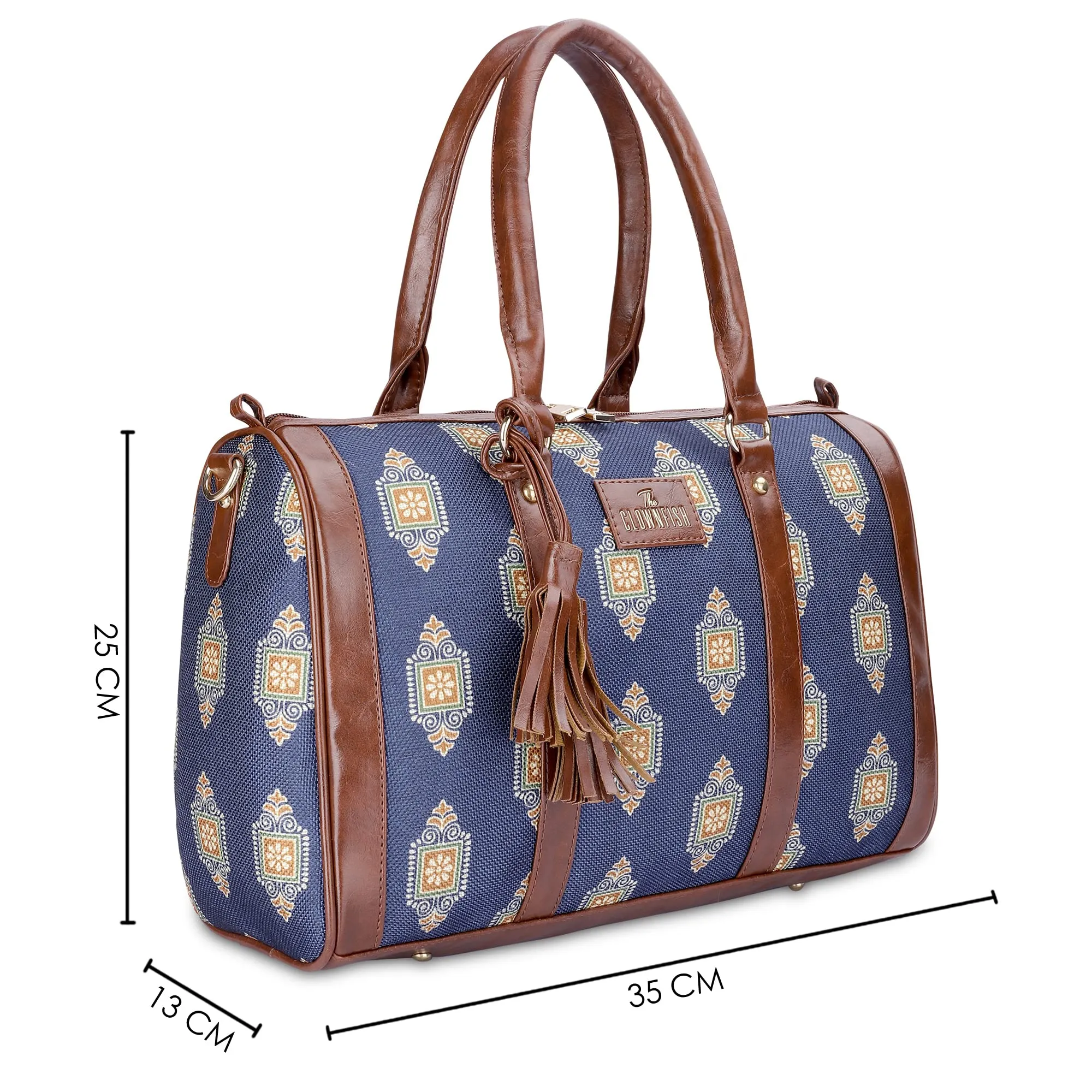 THE CLOWNFISH Lorna Printed Handicraft Fabric & Faux Leather Handbag Sling Bag for Women Office Bag Ladies Shoulder Bag Tote For Women College Girls (Dark Blue)