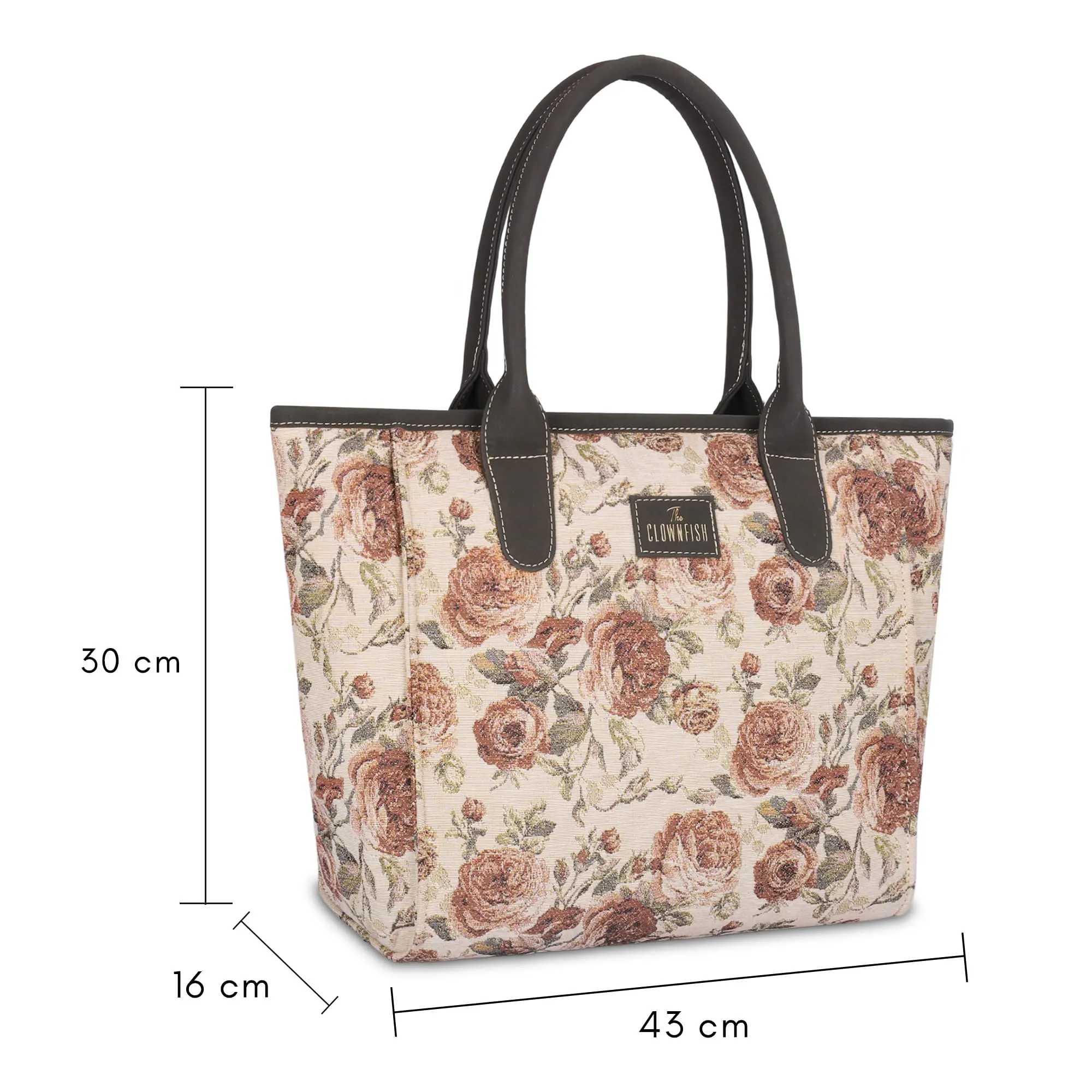 THE CLOWNFISH Mackenzie Series Tapestry Fabric & Faux Leather Handbag for Women Office Bag Ladies Shoulder Bag Tote for Women College Girls (Brown-Floral)