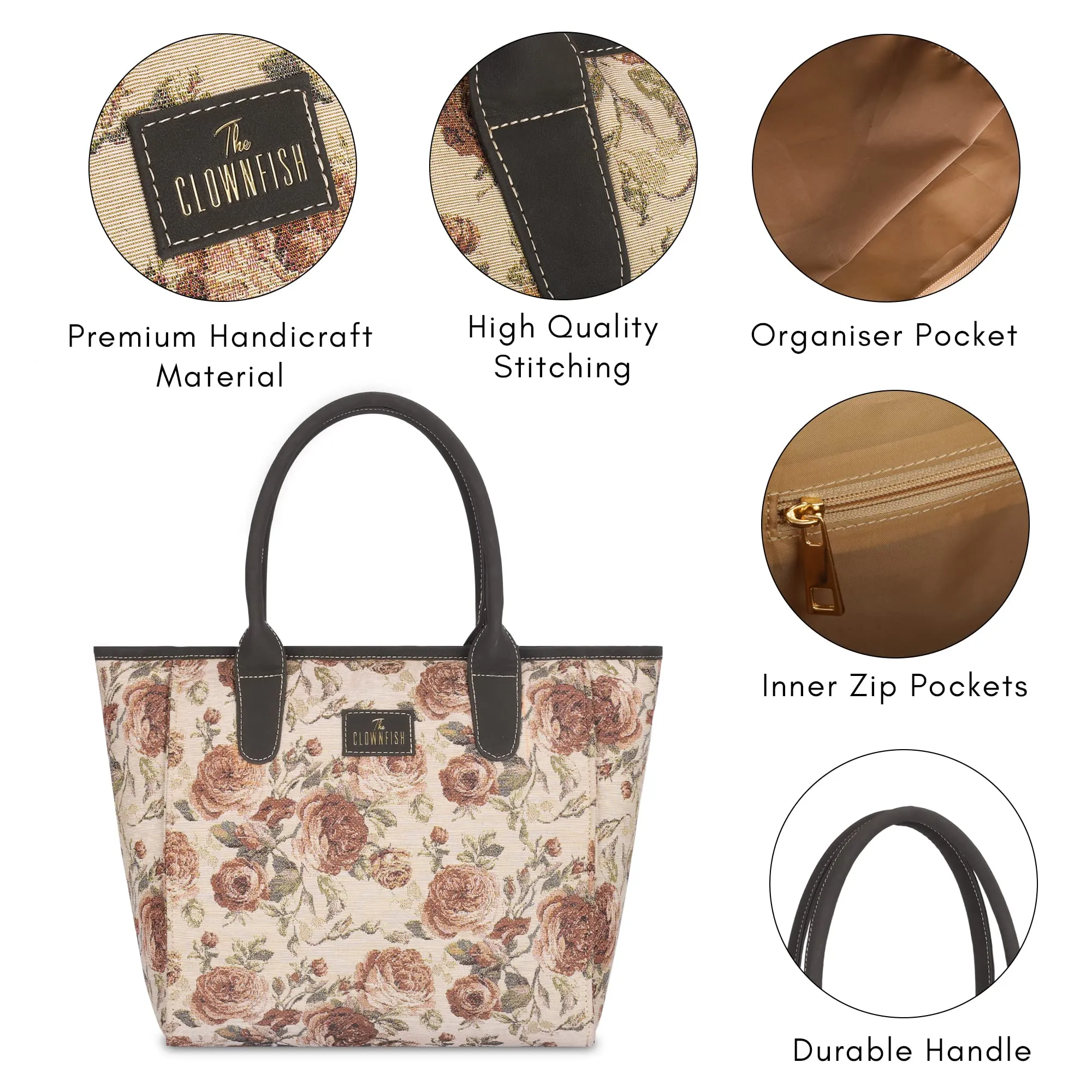 THE CLOWNFISH Mackenzie Series Tapestry Fabric & Faux Leather Handbag for Women Office Bag Ladies Shoulder Bag Tote for Women College Girls (Brown-Floral)