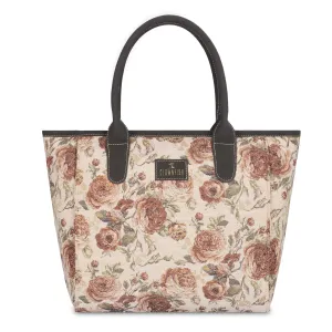 THE CLOWNFISH Mackenzie Series Tapestry Fabric & Faux Leather Handbag for Women Office Bag Ladies Shoulder Bag Tote for Women College Girls (Brown-Floral)