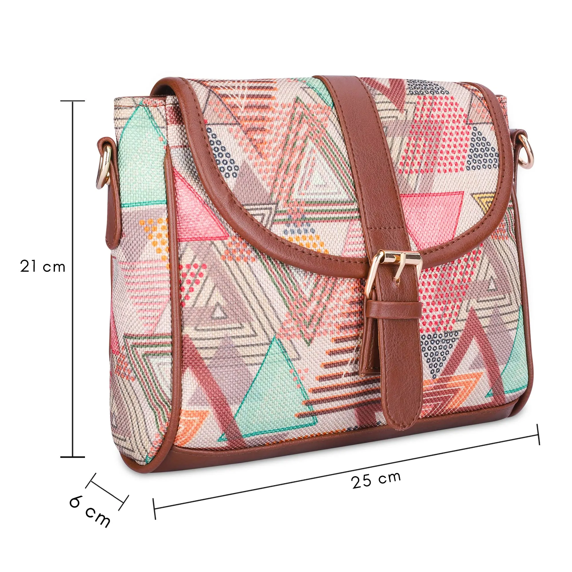 THE CLOWNFISH Madeline Printed Handicraft Fabric Handbag for Women Sling Bag Office Bag Ladies Shoulder Bag with Snap Flap Closure Tote For Women College Girls (Multicolour-Triangle Design)