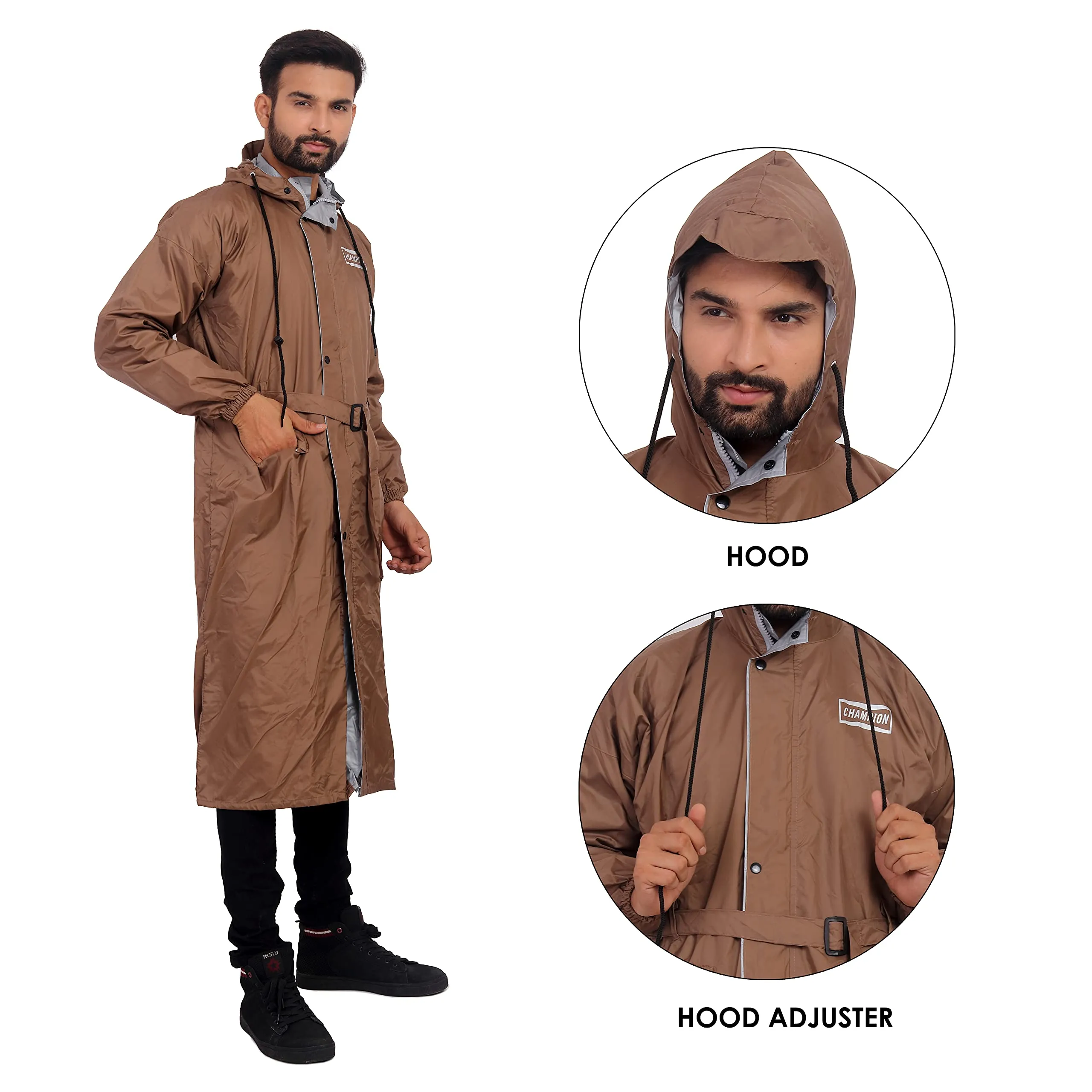 THE CLOWNFISH Rain Coat for Men Waterproof Raincoat Nylon Reversible Double Layer Longcoat For Men Bike Rain Suit Rain Jacket Suit Inner Mobile Pocket with Storage Bag (Brown Free Size)