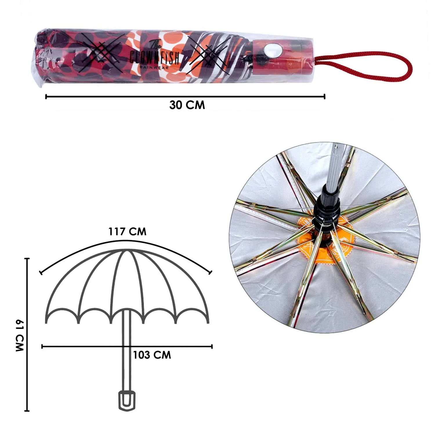 THE CLOWNFISH Umbrella 3 Fold Auto Open Waterproof Pongee Double Coated Silver Lined Umbrellas For Men and Women (Printed Design- Red)