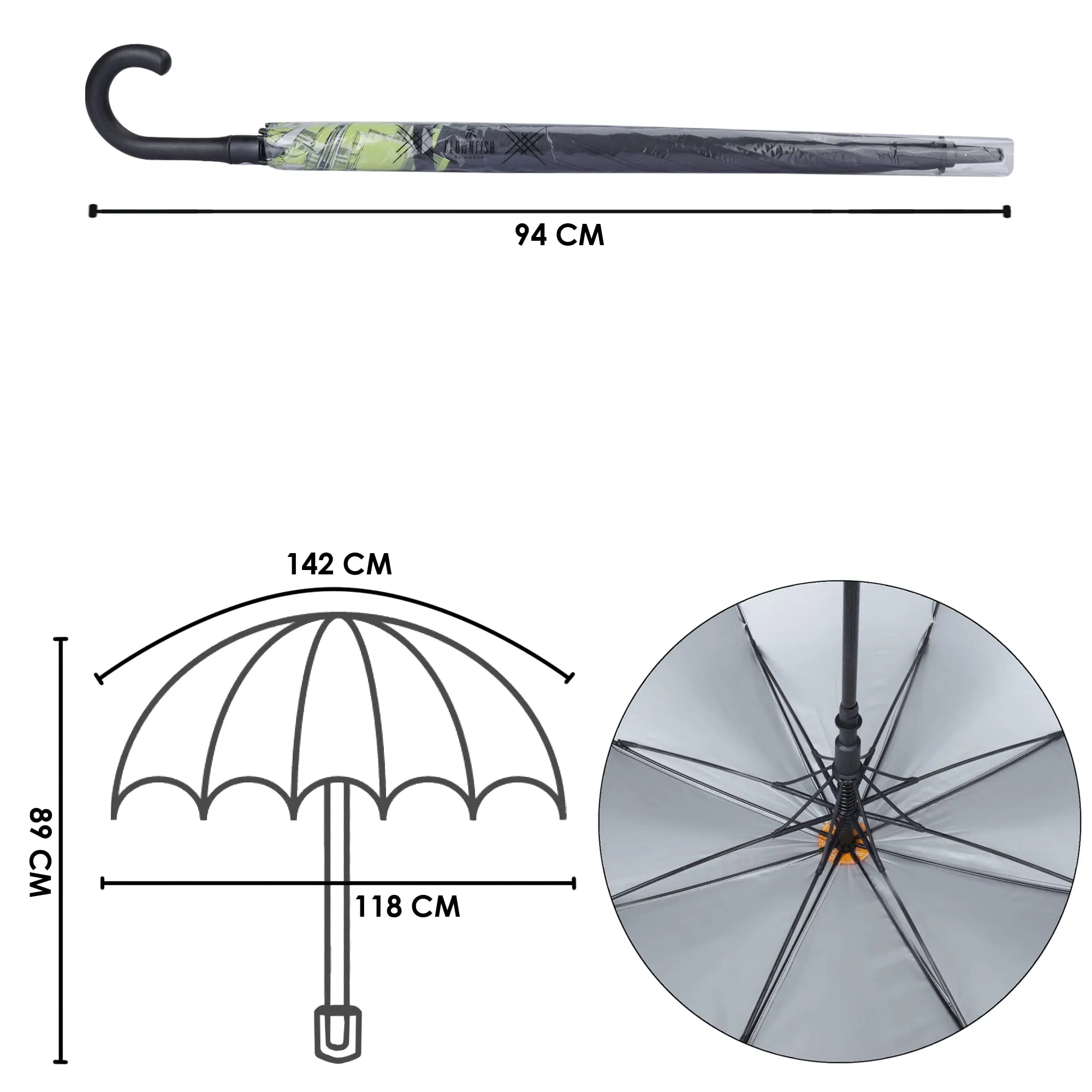 THE CLOWNFISH Umbrella Checks Border Series Single Fold Auto Open J- shape Handle Waterproof Taffeta Polyester 190 T Straight Umbrellas For Men and Women (Checks Border-Parrot Green)