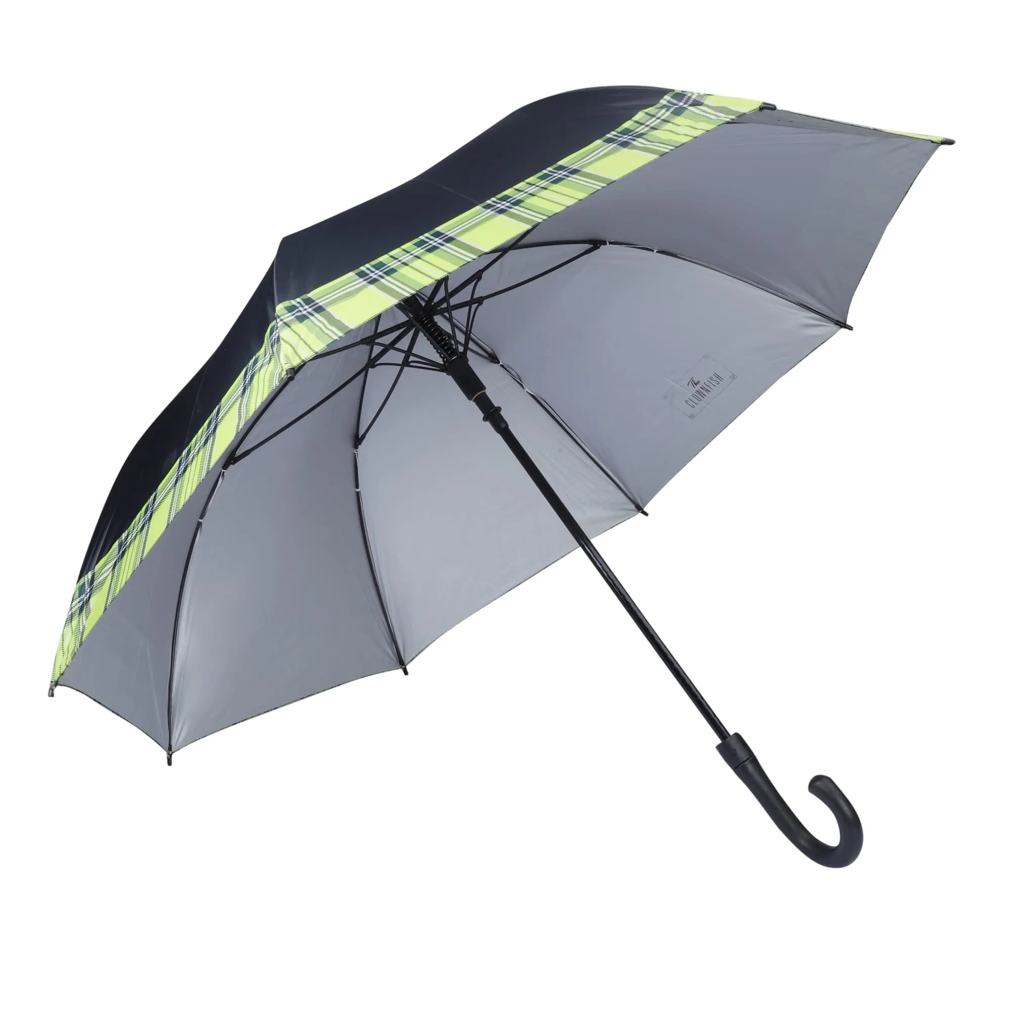 THE CLOWNFISH Umbrella Checks Border Series Single Fold Auto Open J- shape Handle Waterproof Taffeta Polyester 190 T Straight Umbrellas For Men and Women (Checks Border-Parrot Green)