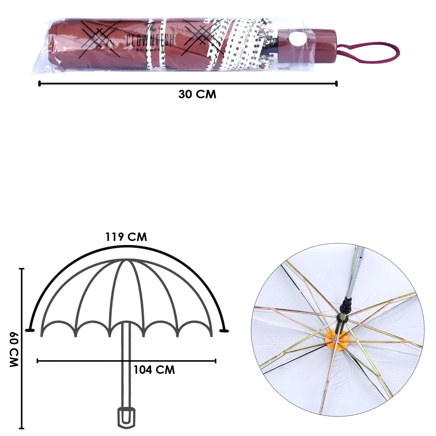 THE CLOWNFISH Umbrella Monochrome Series 3 Fold Auto Open Waterproof Water Repellent 190 T Polyester Double Coated Silver Lined Dotted Border Umbrellas For Men and Women (Brown)