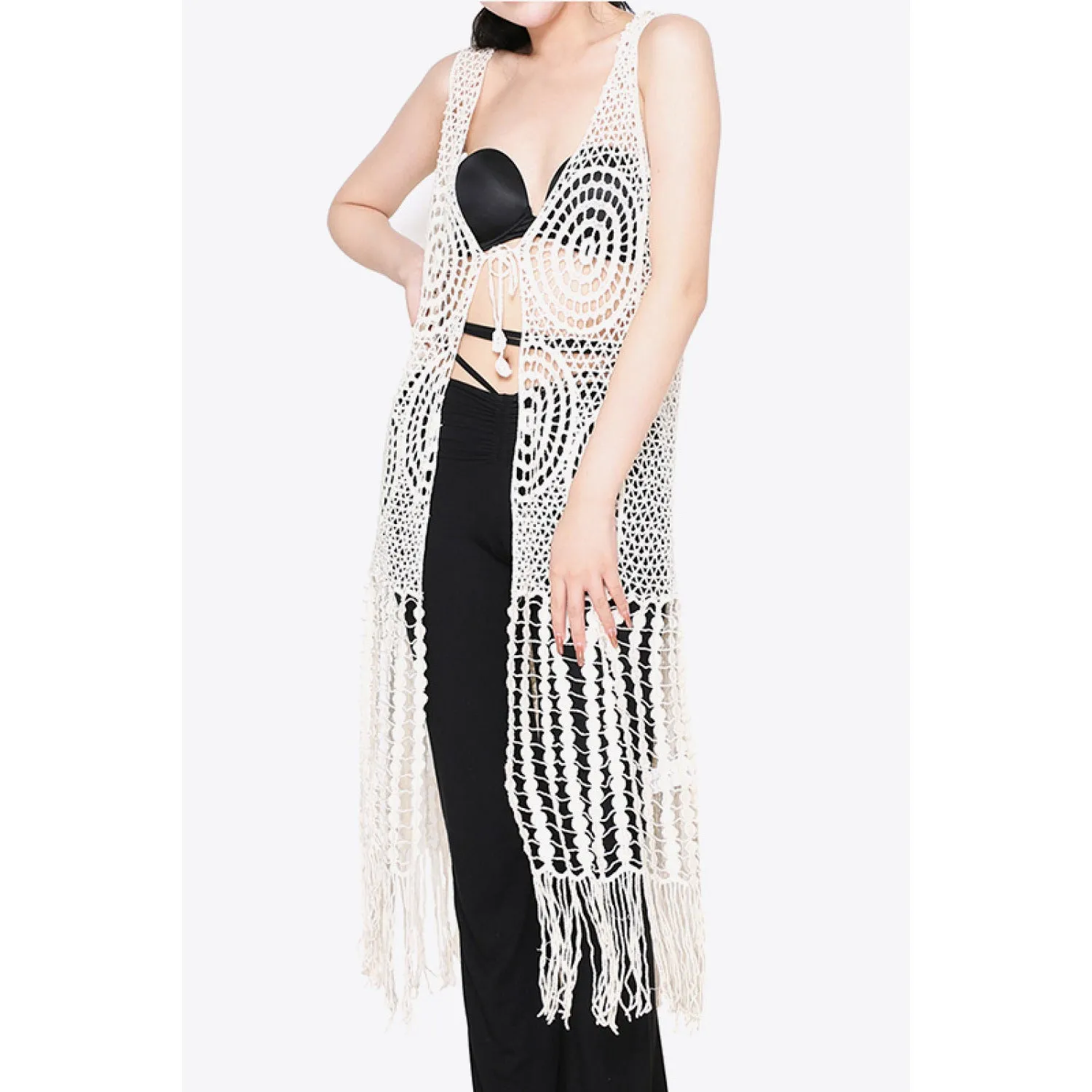 Tie Front Fringe Hem Sleeveless Cover Up