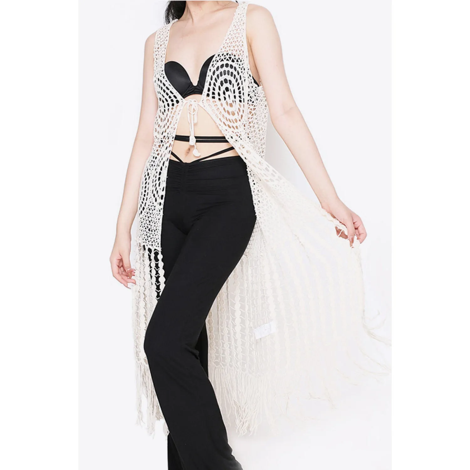 Tie Front Fringe Hem Sleeveless Cover Up