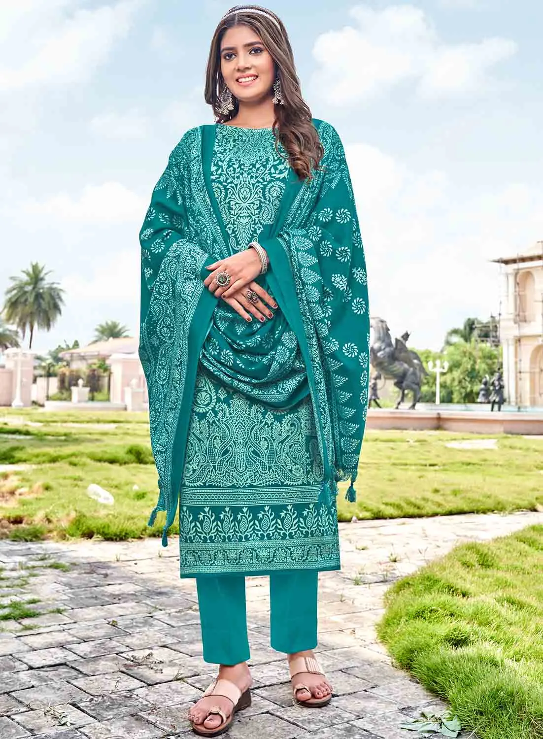 Unstitched Teal Pashmina Winter Suits Dress Material for Ladies