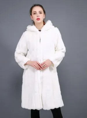 White Long Coat With Rabbit Fur Cap For Women