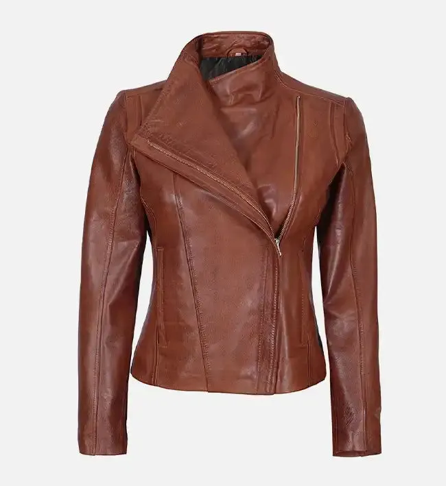 Women’s Asymmetrical Tan Biker Leather Jacket