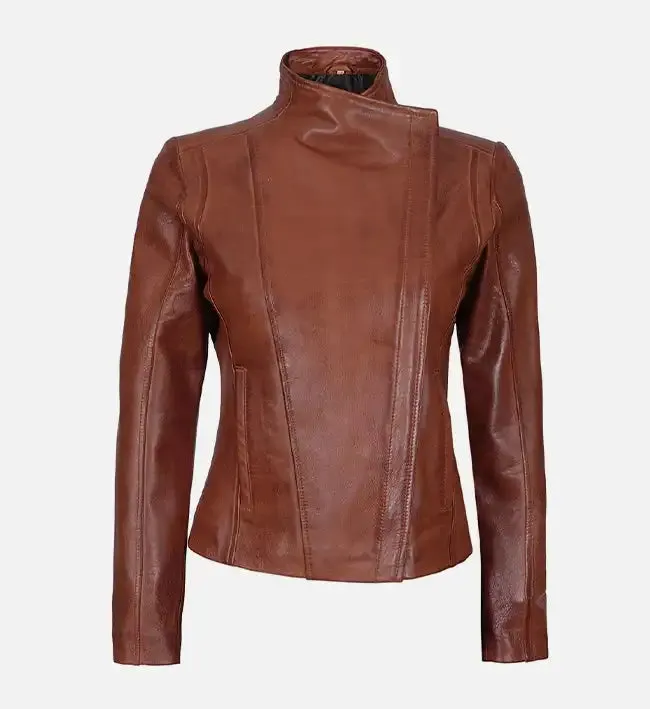 Women’s Asymmetrical Tan Biker Leather Jacket