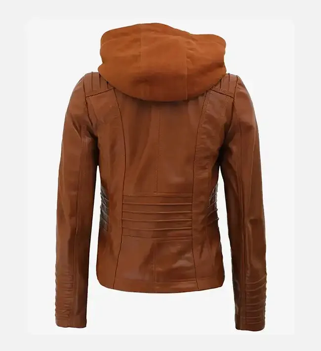 Women's Cognac Slim Fit Leather Jacket With Removable Hood