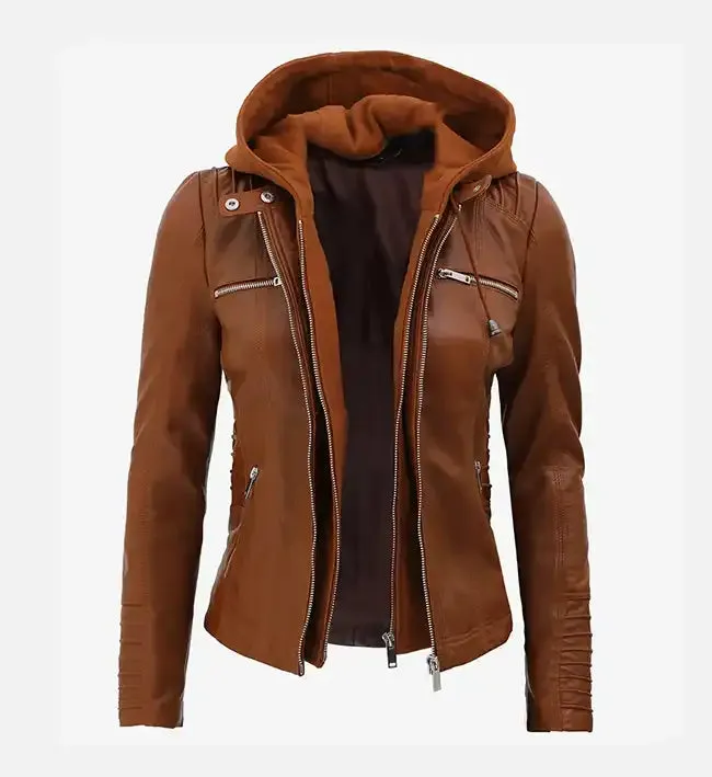 Women's Cognac Slim Fit Leather Jacket With Removable Hood