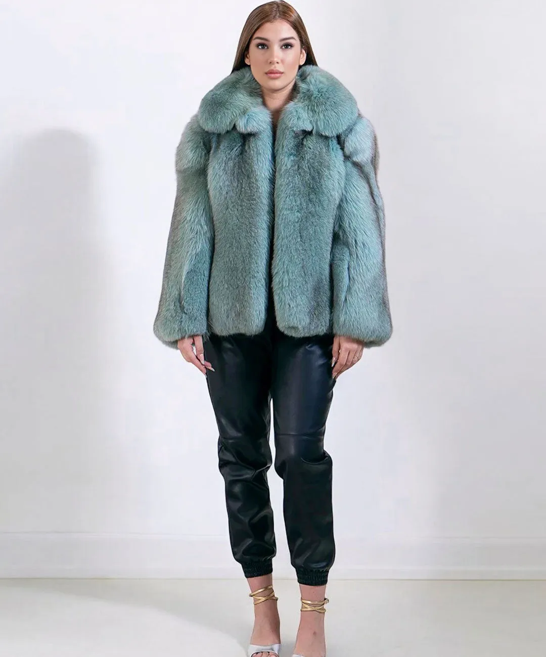 Women's Mint Blue Fox Fur Bomber Jacket