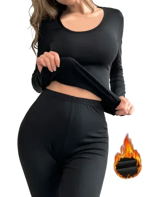 Women's Thermal Underwear Set - Solid Color Polyester and Elastane Knit Fabric, Stretch Comfort Fit Lash Set with 95% Polyester 5% Spandex, Lightweight Warmth Base Layer